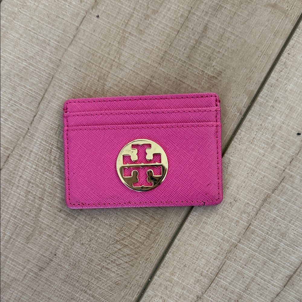 Tory Burch Hot Pink Leather Card Holder with Gold Logo